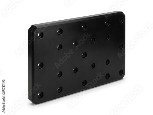 Black Industrial Mounting Plate. Heavy duty metal base with multiple bolt holes for machinery assembly. Professional equipment component for engineering and manufacturing hardware systems