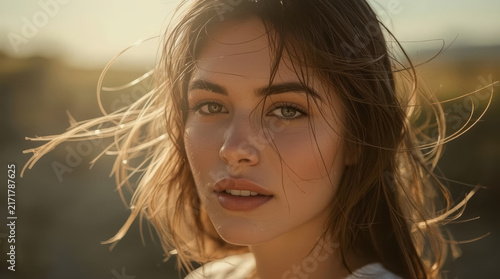 Wind blown hair woman portrait golden light