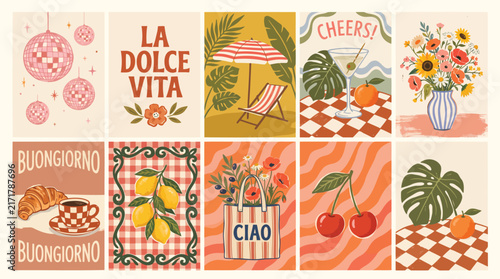 Italian La Dolce Vita Collection. 12 Retro Greeting Cards, Posters, Stickers. Vintage Summer, Floral, Tropical Theme. BuonGiorno, Ciao, Cheers. Vector Illustrations