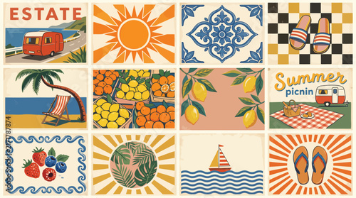 Vintage Summer Kitchen Tile Set, Retro Ceramics with Camper, Lemon, Fruit, Sun and Beach Illustrations for Packaging