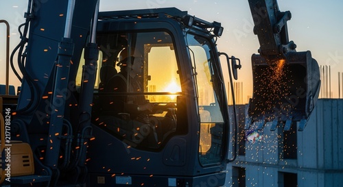Heavy Excavator Machine Working At Construction Site During Golden Hour