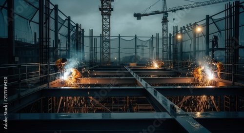 Industrial Construction Site Welding Operations At Dusk with Cranes