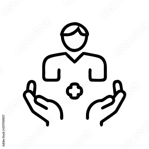 Medical care and patient support icon with hands and cross symbol.