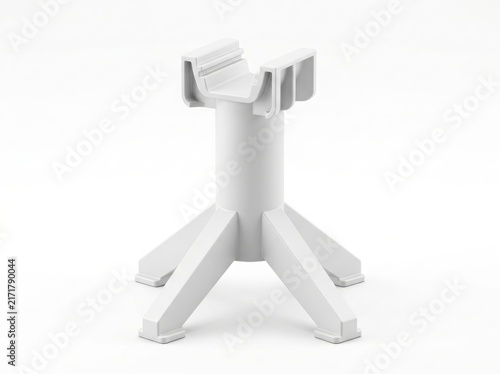 Adjustable white plastic furniture leg support component. Industrial hardware stand with four-pronged base and U-shaped top mounting bracket. 3D render for manufacturing and assembly design