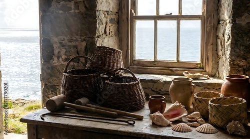 Vintage Coastal Fisherman Cottage Interior with Sea View and Traditional Crafts