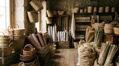 Rustic Artisan Workshop with Handcrafted Woven Baskets and Textile Rolls