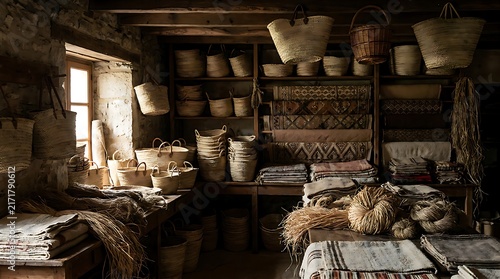 Rustic Artisan Workshop with Handmade Woven Baskets and Traditional Textiles