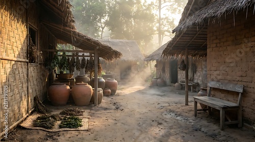 Traditional Rural Village with Straw Roof Huts and Clay Jars in Morning Sunlight
