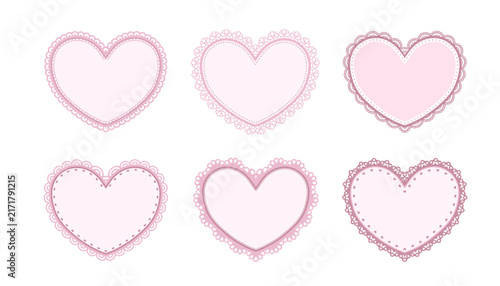 Pink lace frames vector set. Vintage doily with ornament border in heart shape. Romantic design elements collection in cottagecore aesthetics