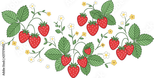 Fresh Wild Strawberry Bush Vector Illustration Featuring Red Ripe Berries Green Leaves and Small Flowers for Botanical Garden and Summer Food Designs