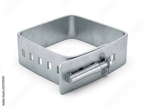 Square metal clamp with locking pin and cotter key 3D render. Heavy duty galvanized steel strap fastener isolated on white background. Industrial hardware for construction and securing equipment