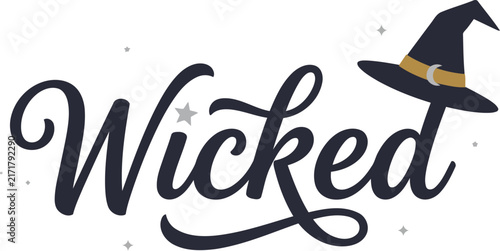 Wicked text with witch hat with art decorative witch on transparent background