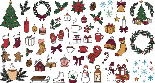 Hand Drawn Merry Christmas and Winter Holiday Vector Doodle Element Set with Christmas Tree Wreaths Gifts Snowmen and Cozy Seasonal Decorations