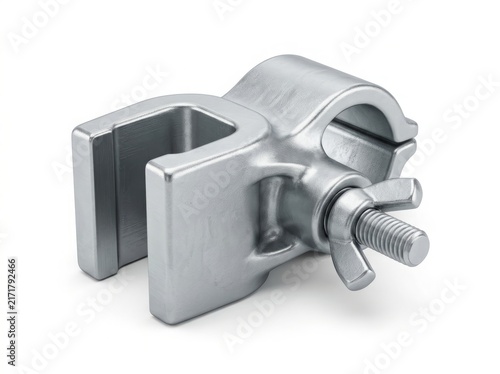Metal tube clamp hardware photo. Industrial steel pipe coupler with wing nut screw isolated on white. Heavy duty scaffolding connector and rigging equipment for construction and studio use