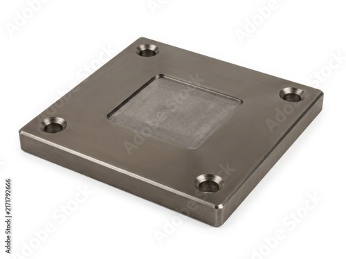 Industrial metal flange plate with four mounting holes. Square stainless steel hardware component on white background. Precision engineered mechanical part for construction and engineering