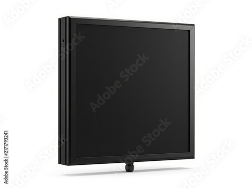 Black LED Panel and Digital Signage Display. Square electronic screen with metal frame and industrial mounting connector. Professional video wall equipment for commercial advertising