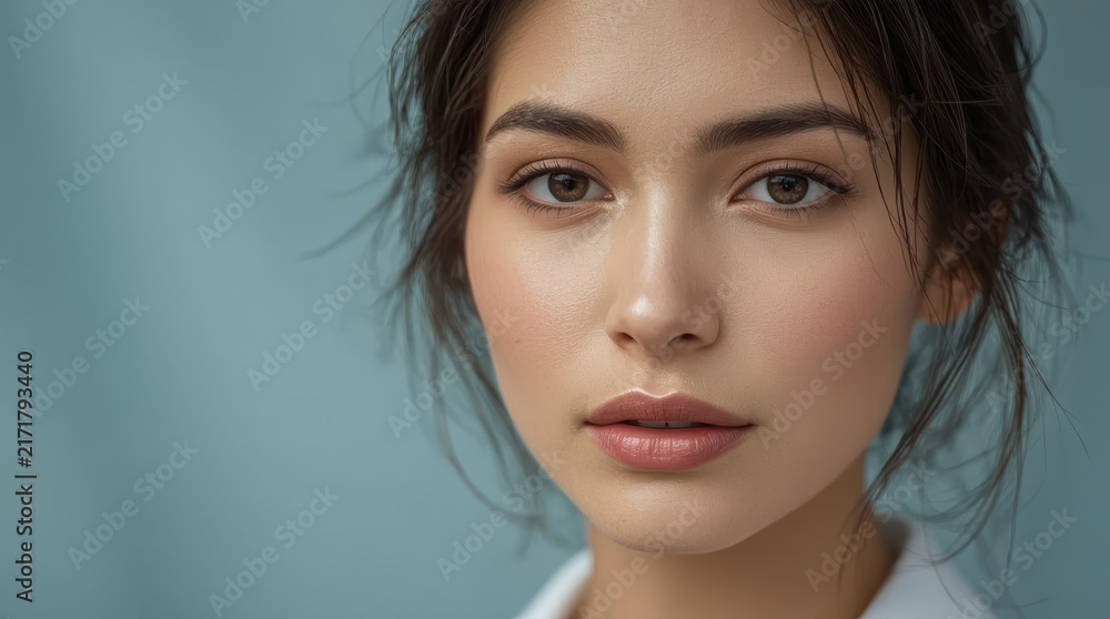 Fototapeta premium Close up portrait Asian woman with natural makeup and calm expression