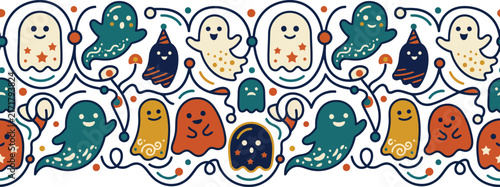 Seamless border of cute cartoon ghosts on transparent background