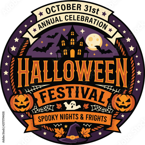 Halloween festival circular emblem badge on transparent background