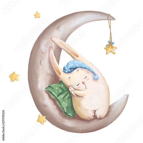 Konstfotografi Cute sleeping bunny on the moon PNG illustration