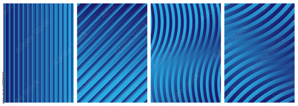 Obraz premium Four-panel blue abstract background set featuring vertical, diagonal and wavy striped patterns with smooth gradients, creating dynamic, modern textures ideal for web banners, presentations and graphic