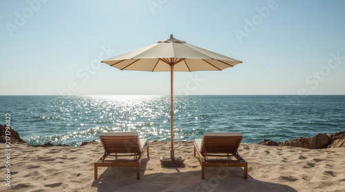 Coastal lounge beneath canvas umbrella facing sparkling sea horizon
