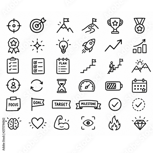 Hand Drawn Productivity and Goal Planner Doodle Set. Hand drawn black and white productivity and goal setting doodles featuring targets, milestones, checklists, progress indicators, trophies, flags.