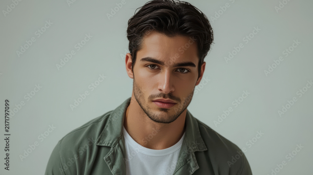 Obraz premium Sculpted jawline athletic man portrait with serious expression in muted clothing