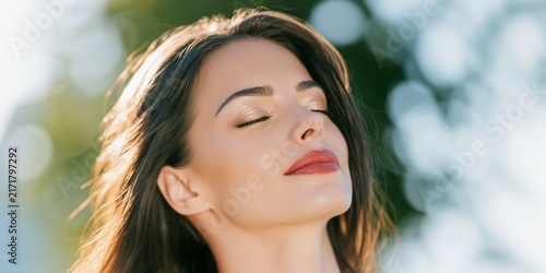 Serene face young woman, closed eyes, red lipstick lips enjoying warm natural sunlight, relaxing a peaceful moment outdoors during a bright summer day with soft bokeh background, portrait in nature