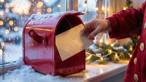 Hand placing a letter in a red mailbox during a snowy Christmas  