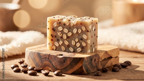 Natural coffee soap with oats on a wooden surface  