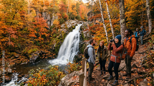 Waterfall surrounded by fall foliage with hikers in forest, autumn trekking and scenic outdoor adventure