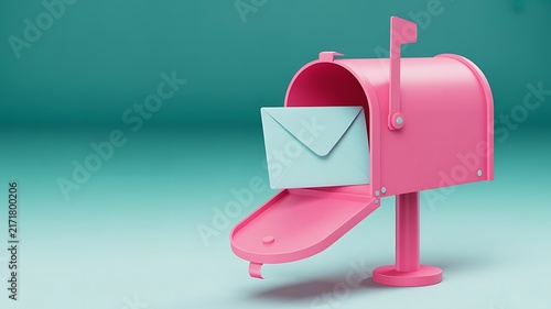 Minimalist 3d of a bright pink mailbox with an open door and a light blue envelope inside set against a solid pastel teal background