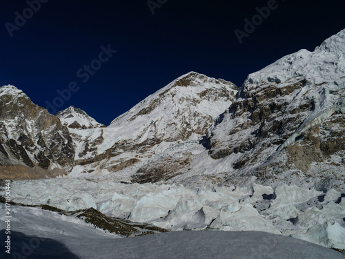 Snowy peaks and rugged glacier landscape in the Himalayas near Mount Everest in Nepal