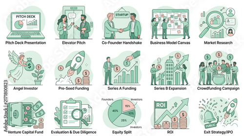 Startup financing vector illustration set, 15 icons for business development, funding stages, venture capital, investment strategy, corporate growth