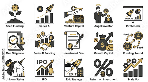 Venture Capital Icons Set, Funding and Investment Illustrations, Startup Strategy Elements, Unicorn Status and IPO Vector Graphics, Business and Finance Visuals isolated on White Background