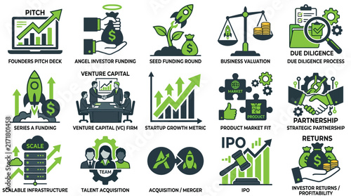 Business finance vector icons, investment and fundraising concept set, startup growth and due diligence, IPO and returns, business strategy and financing isolated on White Background