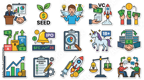 Venture capital and startup business growth concept icons set. Colorful flat vector symbols illustrating investment, IPO, seed funding, unicorn, profit chart, financial analysis