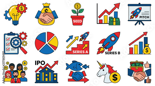 Startup ecosystem illustration set, investment and business finance concepts, IPO seed and series funding icons, colorful corporate vector design elements for pitch decks isolated on White