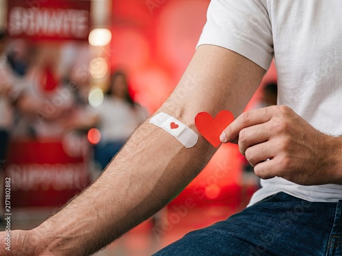 Person showing bandaged arm holding paper heart suitable for healthcare and charity campaigns symbolizing blood donation love and life saving