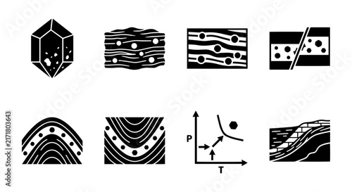 Foto Geology Icons Set: Crystal, Rock Formations, Minerals, Phase Diagram, Stratigrap