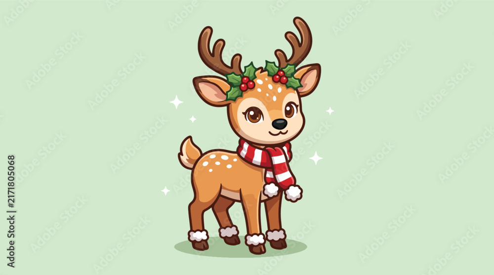 Fototapeta premium Cute cartoon baby reindeer wearing a festive red scarf and holly wreath on a light green background.