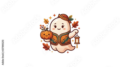 Folk vest ghost holding lantern and pumpkin.