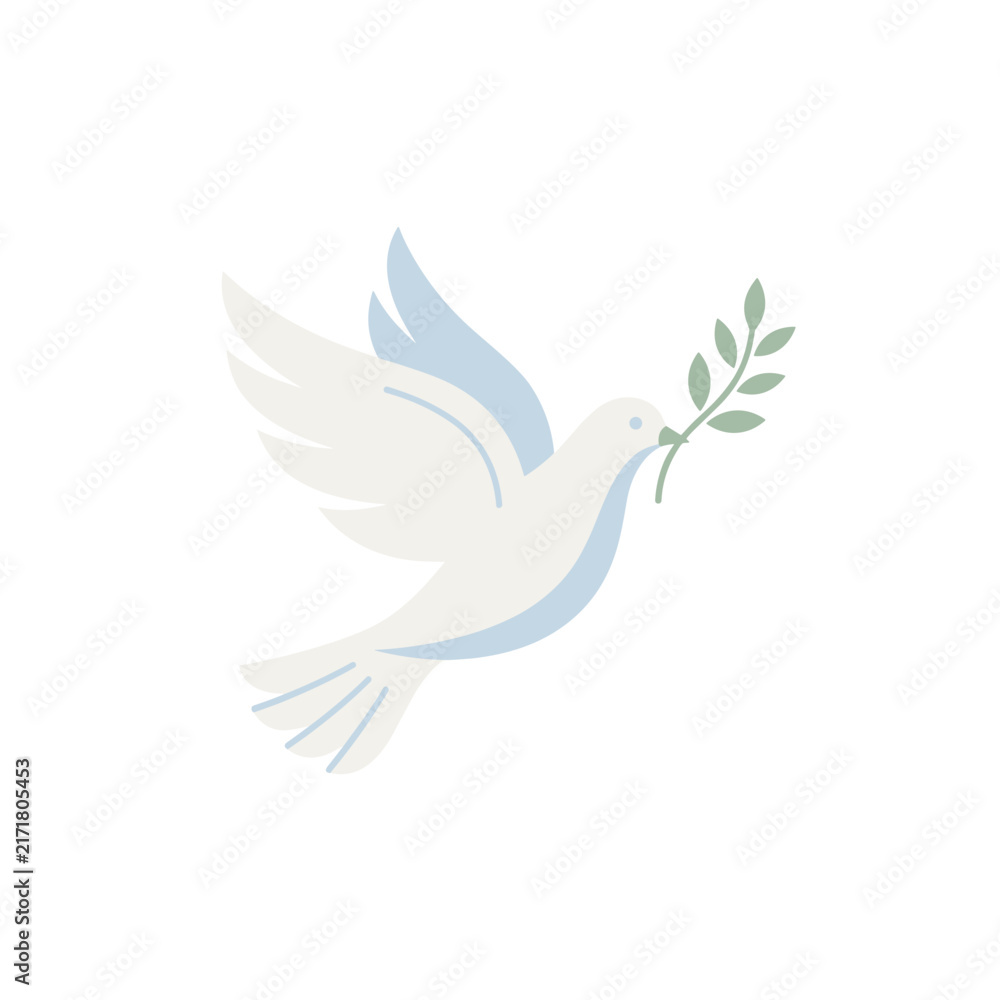 Fototapeta premium Minimalist vector illustration showing flying peace dove bird holding green olive branch in flat artistic style with soft pastel colors
