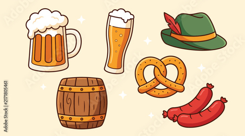 Oktoberfest Traditional Elements Collection with Beer Pretzel and Bavarian Hat Illustration.