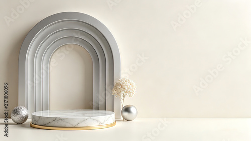 Cream silver arch 3D product podium, marble display stand with metallic sphere and dry flower decor, minimal mockup