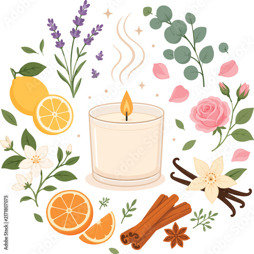 National Scented Candle Day Vector Illustration, Modern Flat Jar Candle With Lavender Rose Eucalyptus And Citrus Ingredients