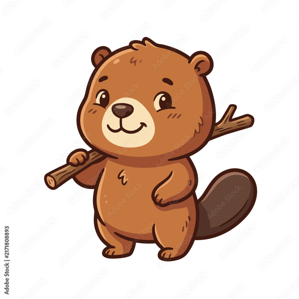 Obraz premium Cute Beaver Carrying a Wooden Stick, Hand Drawn Woodland Animal Vector Illustration