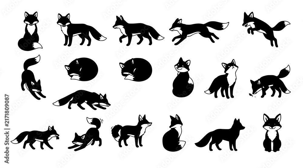 Obraz premium Fox Set Vector Illustration with Cute Woodland Animal Poses and Expressions