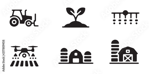 Set of modern agricultural icons featuring tractor plant and drone for farm equipment management.